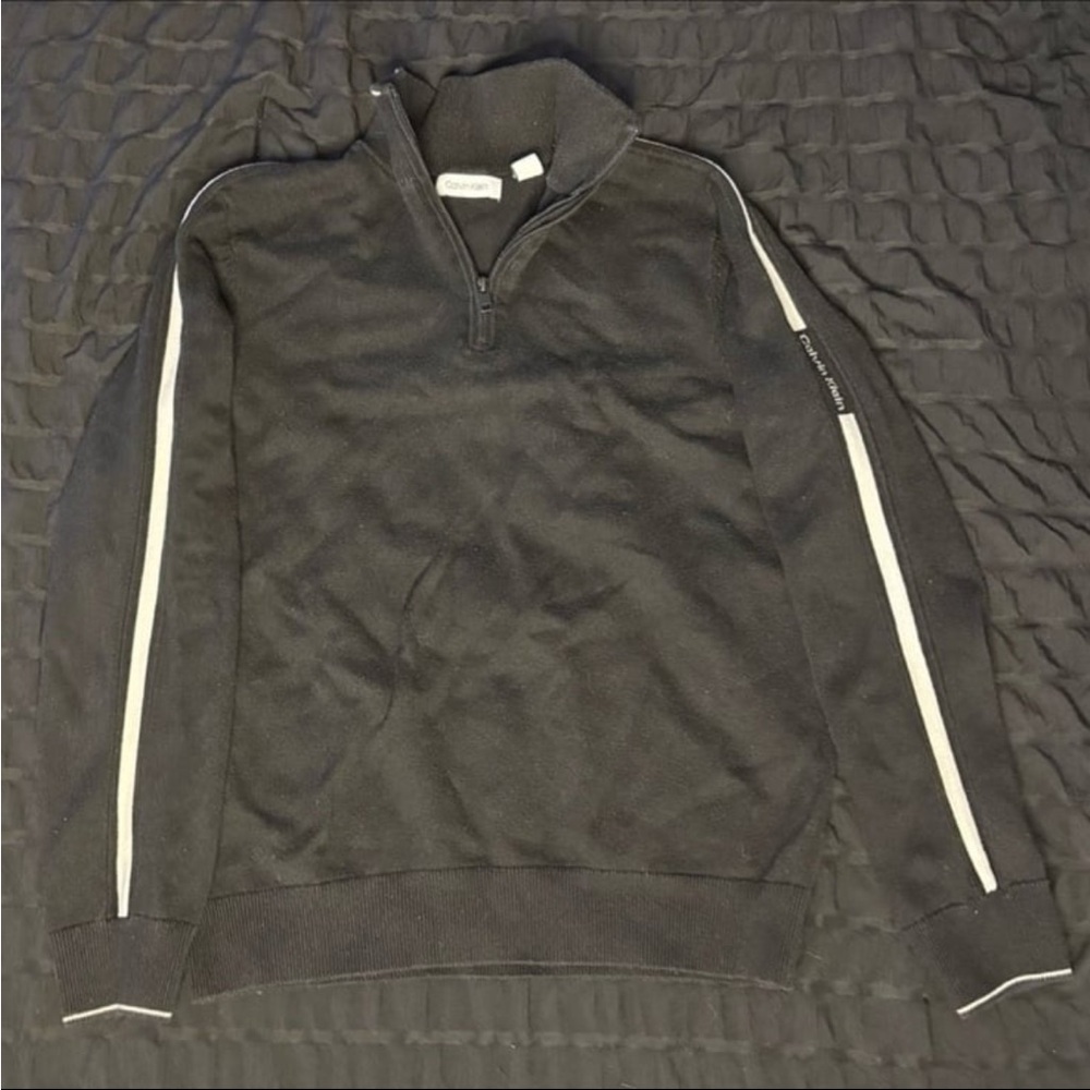 Calvin Klein Men's Black Zip-Up Sweater with White Accents